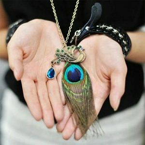 Jeweled Vintage Look Peacock Feather Necklace